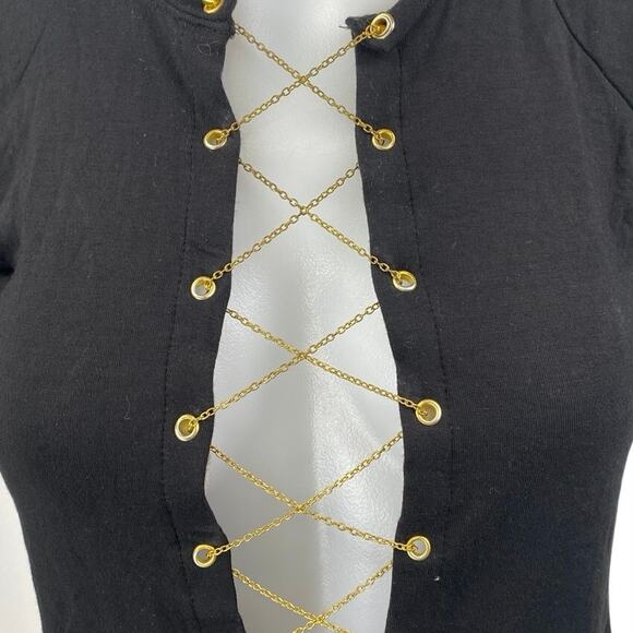 O-Mighty Black Lace Up Chain Strap Cutout Short Sleeve Cropped Tee T-shirt Top M - Picture 3 of 5